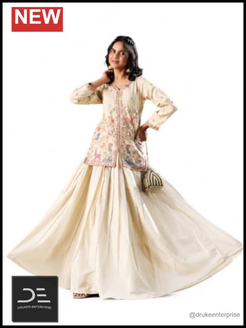 Shimmer Embroidered Top & Skirt Set V-Neck Ethnic Party Wear